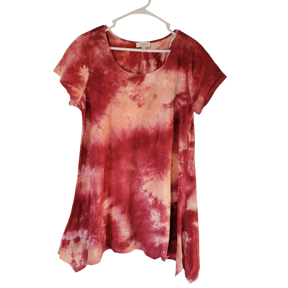 Umgee Tie-Dye Women's Short Sleeve Top - Shades Of Red/Pink/Orange Size XL
